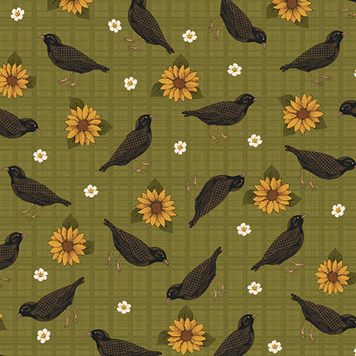 Birds Leaves and Blooms Green, Benartex, 45" wide, 100% cotton.