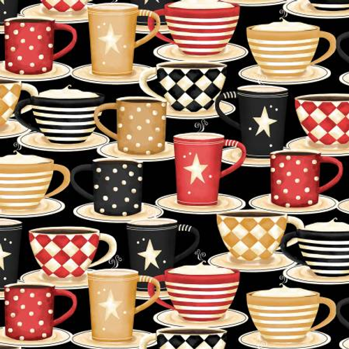 Coffee Always, 3012-56072-923, Wilmington, 100% cotton, 45" wide.  Rows of coffee cups and saucers on black background.