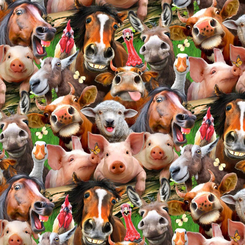 Farm Animal Selfies-Green, Elizabeth Studios, ELS1323-GRE, all over print, 100 cotton, 45" wide.