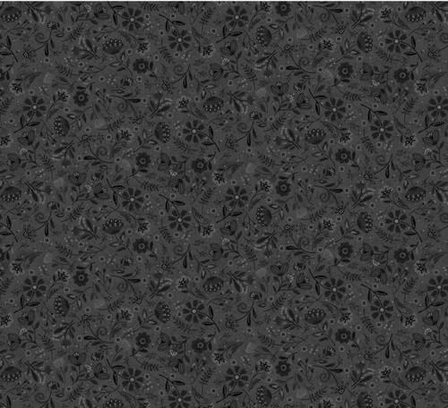 Lovebugs - Small black and gray flowers on gray background by Henry Glass, 44” wide, 100% cotton