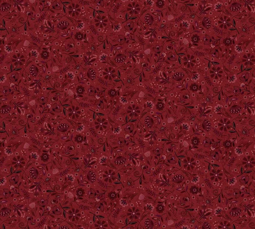 Lovebugs - Small red, pink and black flowers on red background by Henry Glass, 44” wide, 100% cotton