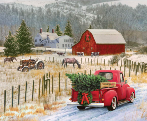 Christmas Memories Country Christmas Panel; Riley Blake Designs is great for quilting, apparel and home decor. This panel features a colorful vintage truck driving with a Christmas tree in the back. Panel size is 43" x 36"; 100% Cotton