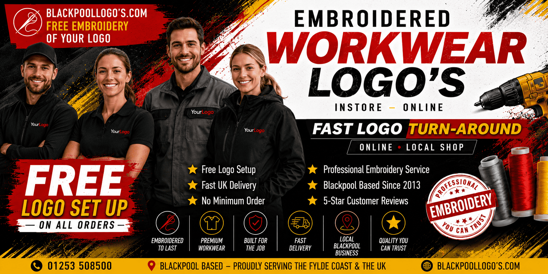 Personalised embroidered workwear in Blackpool including branded polo shirts, jackets and uniforms with free logo embroidery setup, professional embroidery service, fast UK delivery and no minimum order.
