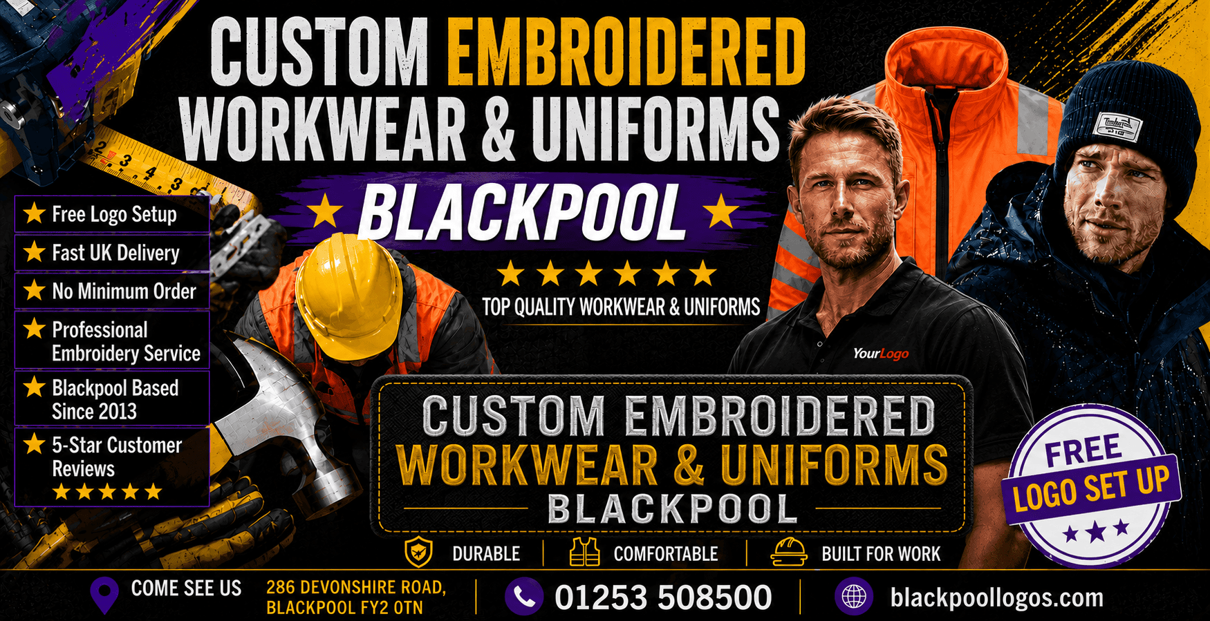 Custom Embroidered Workwear & Uniforms Blackpool featuring personalised workwear, embroidered uniforms, hi-vis jackets, branded polo shirts and professional work clothing. Blackpool Logos offers free logo setup, fast UK delivery, no minimum order, profess
