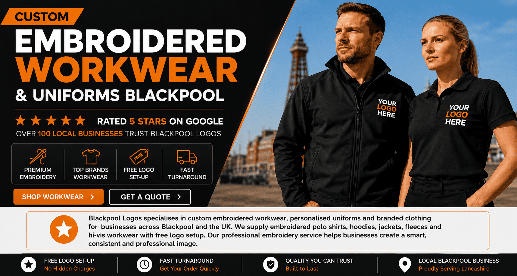 Blackpool Logos custom embroidered workwear specialists supplying personalised uniforms, embroidered polo shirts, jackets, fleeces and hi-vis clothing. Free logo setup, premium embroidery and fast UK delivery for businesses in Blackpool and Lancashire.