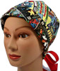 Women's Superhero Retro Pixie Surgical Scrub Hat, Fold Up Brim, Adjustable, Handmade