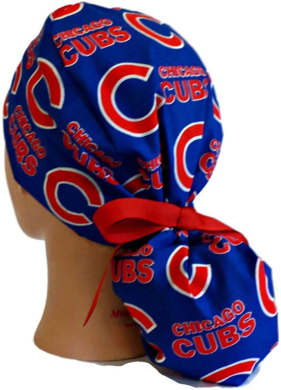 Women's Chicago Cubs Blue Pixie Surgical Scrub Hat, Fold Up Brim,  Adjustable, Handmade - Crazy Caps Scrub Hats