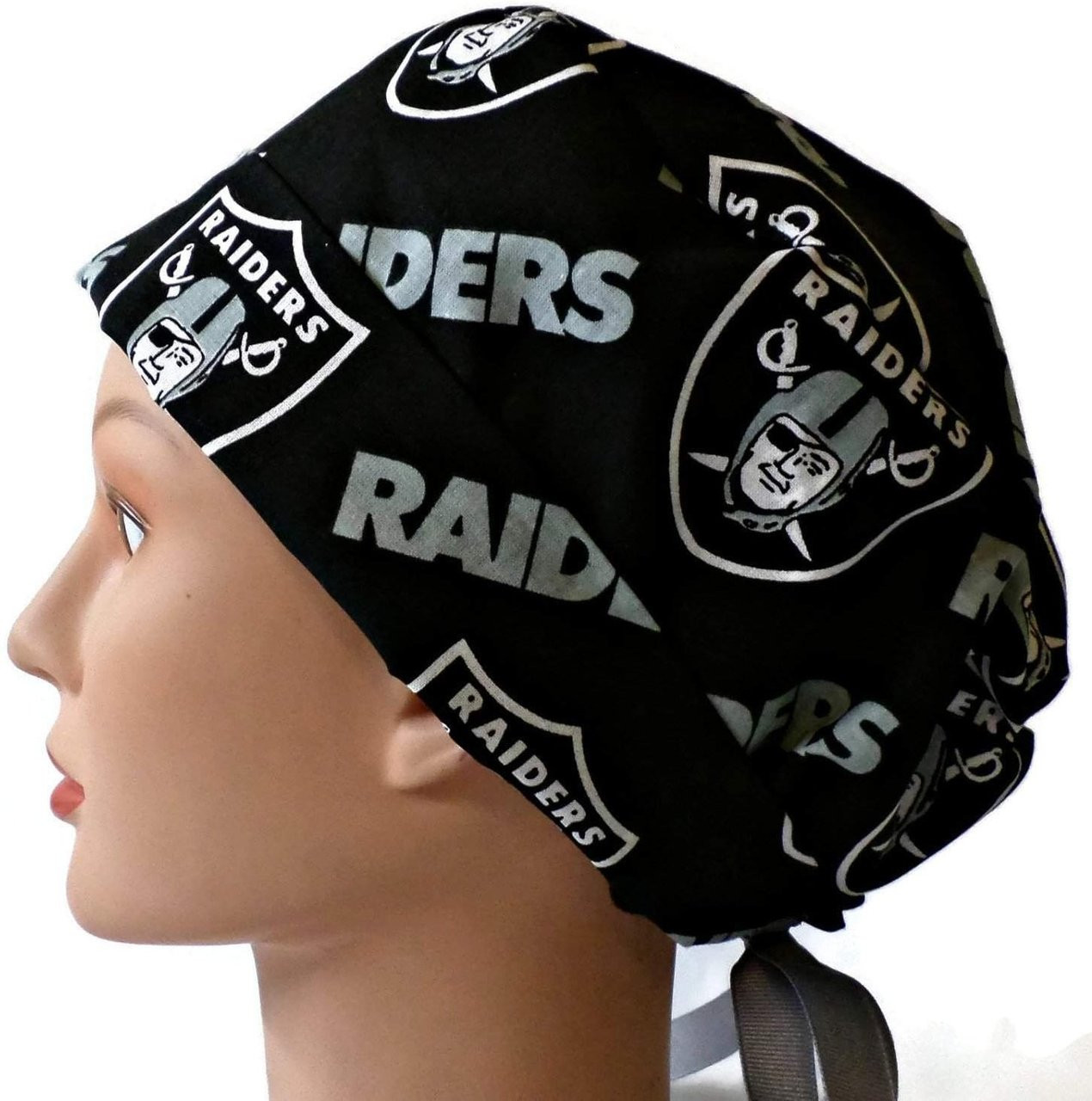 Men's Las Vegas Raiders Black Surgical Scrub Hat Semi-Lined Fold-Up Cuffed  (shown) or No Cuff, Handmade