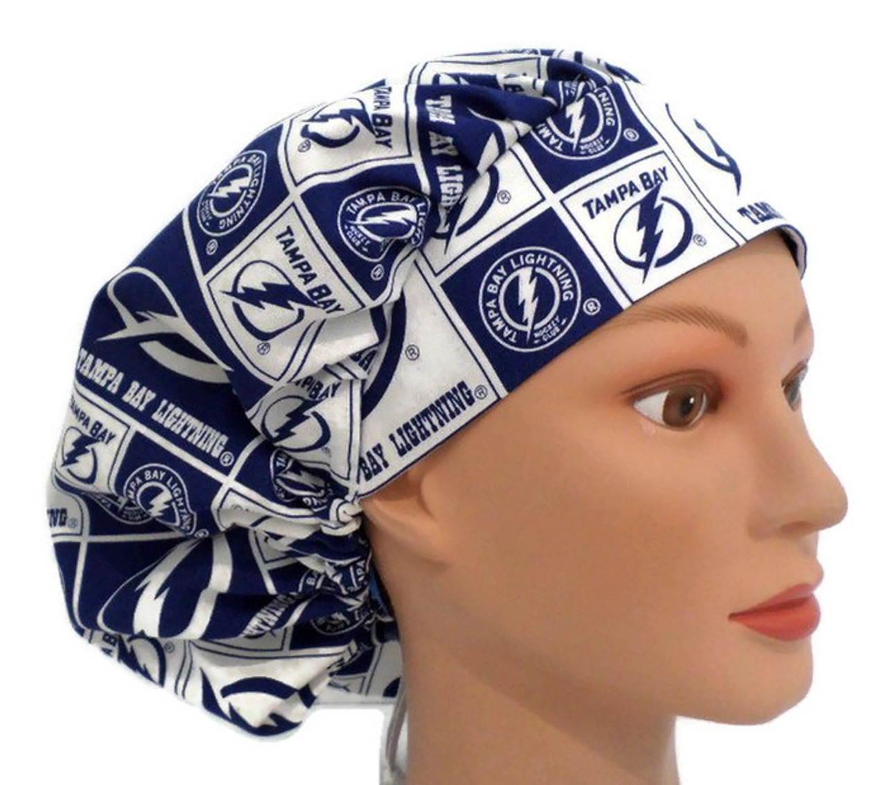 Women's Tampa Bay Lightning Squares Bouffant Surgical Scrub Hat, Adjustable  with Elastic and Cord-Lock, Handmade - Crazy Caps Scrub Hats