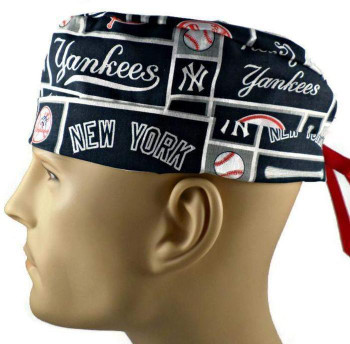 Men's New York Yankees NEW Squares Surgical Scrub Hat, Semi-Lined Fold-Up Cuffed (shown) or No Cuff, Handmade, MADE IN FABRIC SWATCH SHOWN