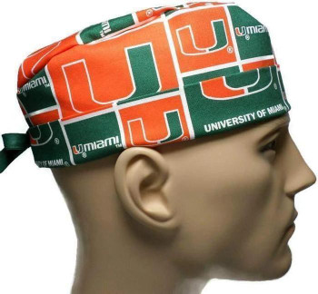 Men's Miami Hurricanes Surgical Scrub Hat, Semi-Lined Fold-Up Cuffed (shown) or No Cuff, Handmade