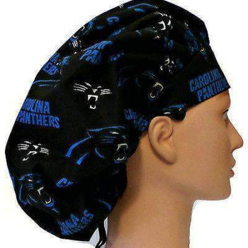 Women's Carolina Panthers Bouffant, Pixie or Ponytail Surgical Scrub Hat, Adjustable, Handmade