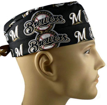 Men's Milwaukee Brewers Surgical Scrub Hat, Semi-Lined Fold-Up Cuffed (shown) or No Cuff, Handmade