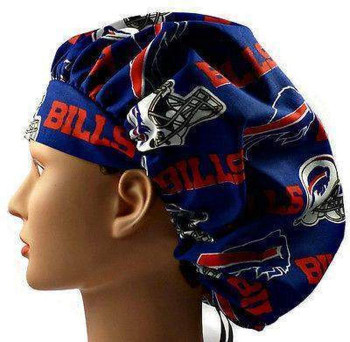 Women's Buffalo Bills Blue Bouffant, Pixie or Ponytail Surgical Scrub Hat, Adjustable, Handmade