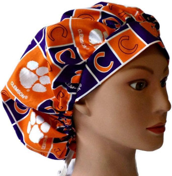 Women's Clemson Tigers Squares Bouffant Surgical Scrub Hat, Adjustable with elastic and cord-lock, Handmade