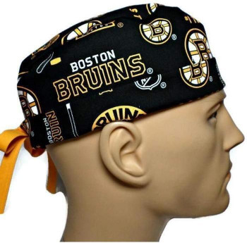 Men's Boston Bruins Two Tone Surgical Scrub Hat, Semi-Lined Fold-Up Cuffed (shown) or No Cuff, Handmade, (made in fabric swatch shown)