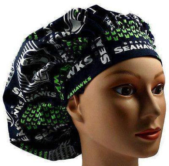 Women's Seattle Seahawks Squares Bouffant Surgical Scrub Hat, Adjustable with elastic and cord-lock, Handmade