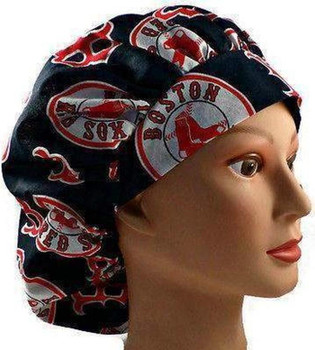 Women's Boston Red Sox Navy Bouffant Surgical Scrub Hat, Adjustable with elastic and cord-lock, Handmade