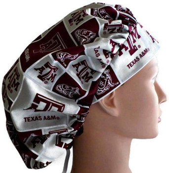 Women's Texas A&M Squares Bouffant Surgical Scrub Hat, Adjustable with elastic and cord-lock, Handmade