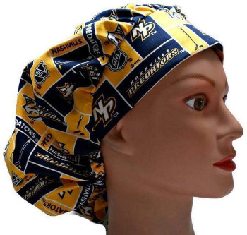 Women's Nashville Predators Squares Bouffant Surgical Scrub Hat, Adjustable with elastic and cord lock, Handmade