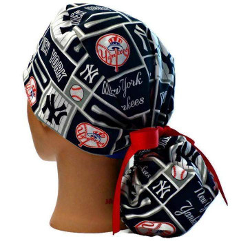 Women's New York Yankees NEW Squares Ponytail Surgical Scrub Hat, 2 Styles, Adjustable, Optional Buttons, Handmade, MADE IN FABRIC SWATCH SHOWN