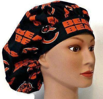 Women's Chicago Bears Navy Bouffant Surgical Scrub Hat, Adjustable with elastic and cord-lock, Handmade