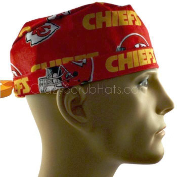 Men's Kansas City Chiefs Red Surgical Scrub Hat, Semi-Lined Fold-Up Cuffed (shown) or No Cuff, Handmade