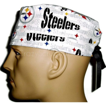 Men's Pittsburgh Steelers White Surgical Scrub Hat, Semi-Lined Fold-Up Cuffed (shown) or No Cuff, Handmade