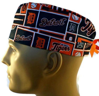 Men's Detroit Tigers Squares Surgical Scrub Hat, Semi-Lined Fold-Up Cuffed (shown) or No Cuff, Handmade