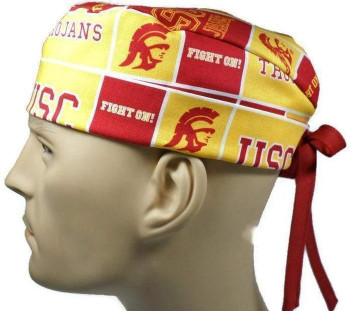 Men's Adjustable Fold-Up Cuffed or Un-Cuffed Surgical Scrub Hat Cap handmade with Officially Licensed USC Trojans Squares fabric Men's Adjustable Fold-Up Cuffed or Un-Cuffed Surgical Scrub Hat Cap handmade with Officially Licensed USC Trojans Squares fabric