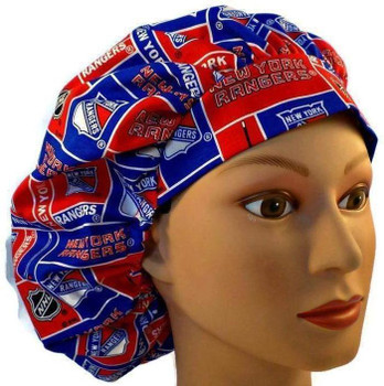 Women's New York Rangers Bouffant Surgical Scrub Hat, Adjustable with Elastic and Cord-Lock, Handmade