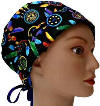 Women's Dreamcatchers Pixie Surgical Scrub Hat, Fold Up Brim, Adjustable, Handmade