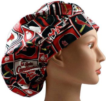 Women's St. Loius Cardinals Squares Bouffant, Pixie or Ponytail Surgical Scrub Hat, Adjustable, Handmade