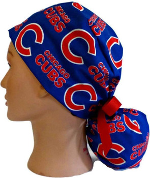 Women's Chicago Cubs Blue Ponytail Surgical Scrub Hat, Plain or Fold-Up Brim Adjustable, Handmade