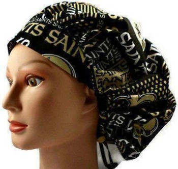 Women's New Orleans Saints Squares Bouffant Surgical Scrub Hat, Adjustable with elastic and cord-lock, Handmade