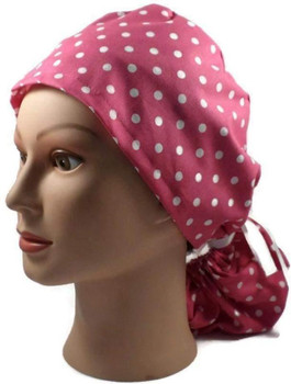 Women's Pink Dots Ponytail Surgical Scrub Hat, Plain or Fold-Up Brim Adjustable, Handmade