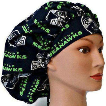 Women's Seattle Seahawks Navy Bouffant Surgical Scrub Hat, Adjustable with elastic and cord-lock, Handmade