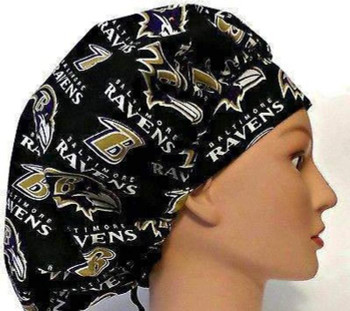 Women's Baltimore Ravens Black Bouffant, Pixie or Ponytail Surgical Scrub Hat, Adjustable, Handmade