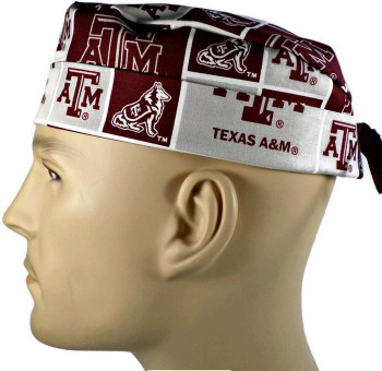 Men's Texas A&M Aggies Squares Surgical Scrub Hat, Semi-Lined Fold-Up Cuffed (shown) or No Cuff, Handmade