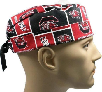 Men's USC Gamecocks Squares Surgical Scrub Hat, Semi-Lined Fold-Up Cuffed (shown) or No Cuff, Handmade