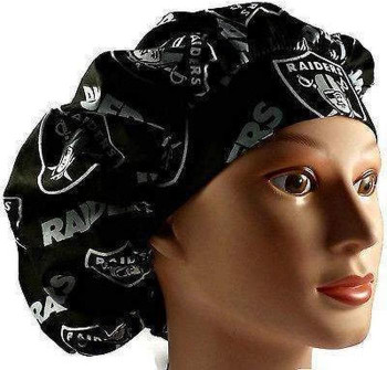 Women's Las Vegas Raiders Black Bouffant, Pixie or Ponytail Surgical Scrub Hat, Adjustable, Handmade