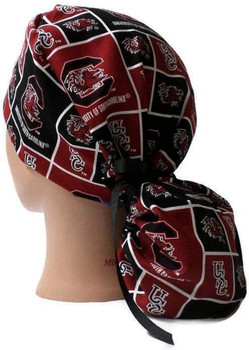 Women's USC Gamecocks Squares Ponytail Surgical Scrub Hat, Plain or Fold-Up Brim Adjustable, Handmade