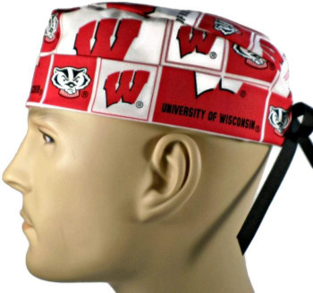Men's Wisconsin Badgers Squares Surgical Scrub Hat, Semi-Lined Fold-Up Cuffed (shown) or No Cuff, Handmade