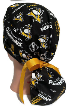 Women's Pittsburgh Penguins Black Ponytail Surgical Scrub Hat, Plain or Fold-Up Brim Adjustable, Handmade in Fabric Swatch Shown