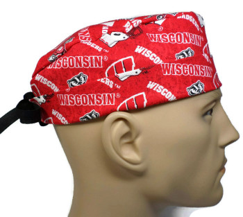 Men's Wisconsin Badgers Two Tone Surgical Scrub Hat, Semi-Lined Fold-Up Cuffed (shown) or No Cuff,  Handmade