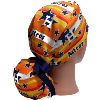 Women's Houston Astros Stars Ponytail Surgical Scrub Hat, Plain or Fold-Up Brim Adjustable, Handmade