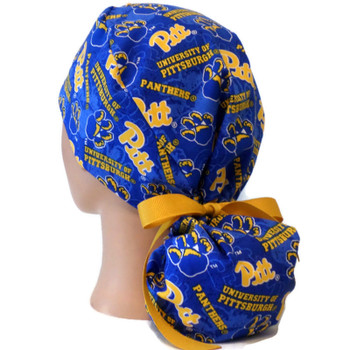 Women's Pittsburgh Panthers Two Tone Ponytail Surgical Scrub Hat, Plain or Fold-Up Brim Adjustable, Handmade