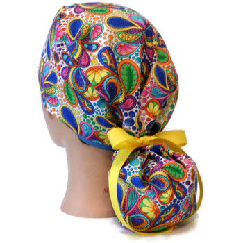 Women's Paisley Carnivale Ponytail Surgical Scrub Hat, Plain or Fold-Up Brim Adjustable, Handmade