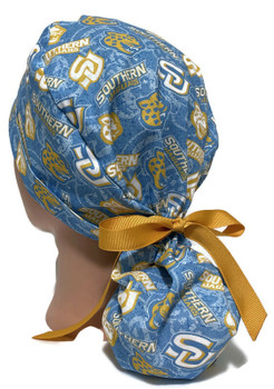 Women's Southern University Jaguars Ponytail Surgical Scrub Hat, Plain or Fold-Up Brim Adjustable, Handmade