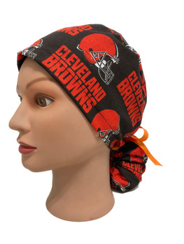 Women's Cleveland Browns Ponytail Surgical Scrub Hat, 2 Styles, Adjustable, Handmade, Optional Buttons
